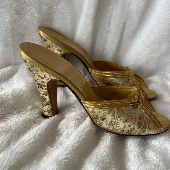 Joseph Salon Shoes Womens Size 6 Gold Tapestry VTG Dainty Feminine Open Toe - Picture 5 of 8